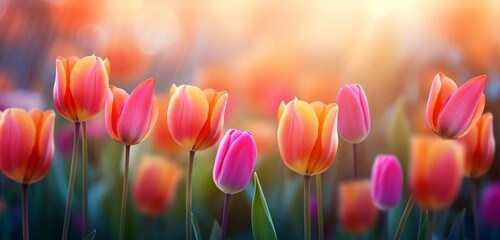 A vibrant field of tulips with a gentle bokeh effect in the background.