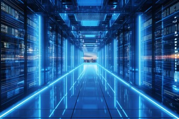 Obraz premium Captivating modern data center with organized server racks emitting mesmerizing blue glow