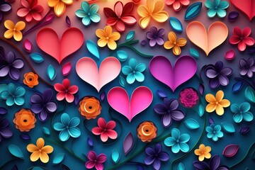 Bright Hearts paper Valentines day art background wallpaper for Love gift package. Generative ai image