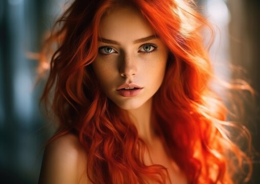  a beautiful young woman with red hair and blue eyes posing for a picture with her long red hair blowing in the wind.