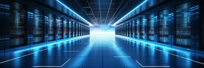 Modern data center showcasing state of the art server racks emitting an alluring soft blue glow