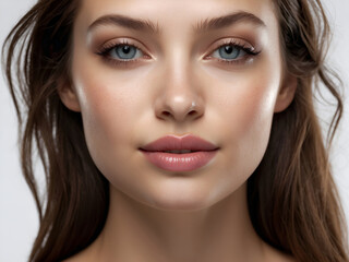 Obraz premium Close up portrait of beautiful woman's face with perfect natural skin. Shiny healthy skin, blue eyes, pink lips. Skincare, spa, skin treatment concept.