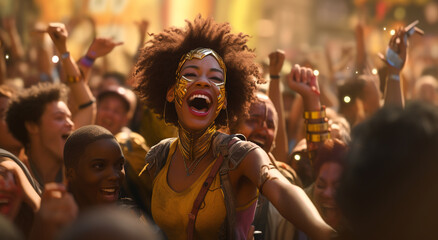 Portrait of cheerful young woman enjoying at traditional event. A young african american woman having a good time at an open air venue. - obrazy, fototapety, plakaty