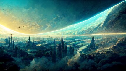 blue futuristic city landscape planet alien