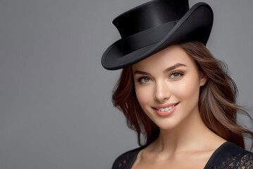 Beautiful European female model with hazel eyes, warm smile and brown hair wearing black classical hat smiling. Elegant young attractive woman in studio, Copy space.
