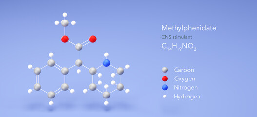 methylphenidate molecule, molecular structures, cns stimulant, 3d model, Structural Chemical Formula and Atoms with Color Coding - obrazy, fototapety, plakaty