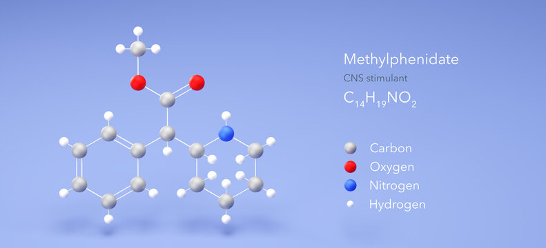 methylphenidate molecule, molecular structures, cns stimulant, 3d model, Structural Chemical Formula and Atoms with Color Coding