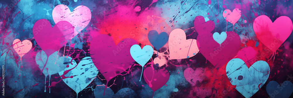 Wall mural Abstract colorful wall scribble hearts pattern background banner, street art graffiti texture. Panoramic web header with copy space. Wide screen wallpaper
