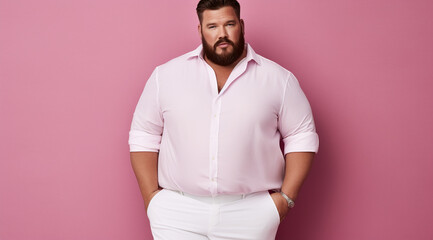 Plus size male model. Happy bearded man wearing white shirt over pink background with charming cute smile. 