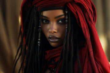 An African-American woman with dreadlocks and a red head scarf.