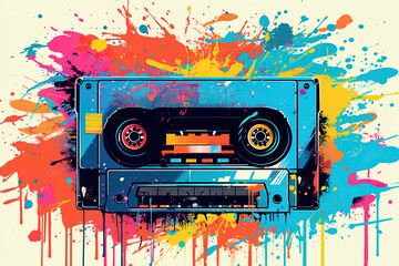 Retro Cassette Tape with Paint Splatters - obrazy, fototapety, plakaty