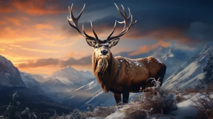 Poster Composite image of red deer stag in Beautiful Alpen Glow hitting mountain peaks in Scottish Highlands during stunning Winter landscape sunrise © ahmad05