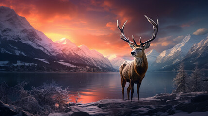 Composite image of red deer stag in Beautiful Alpen Glow hitting mountain peaks in Scottish Highlands during stunning Winter landscape sunrise - obrazy, fototapety, plakaty