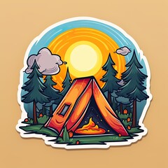 Camping sticker. Tent in the woods. Vintage Camp Sticker, badge design. Generative Ai