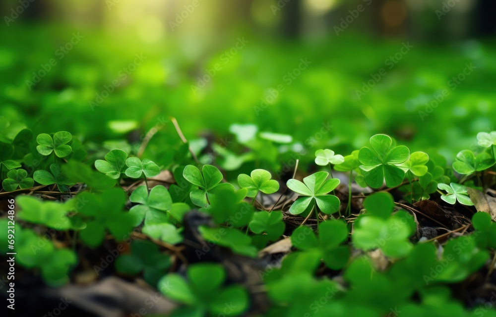 Poster a close up of a bunch of green clovers in a field of grass with sunlight shining through the trees i