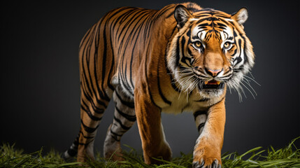 Fototapeta premium A regal Panthera tigris corbetti stares intently at its quarry, for a hunting-themed portrait against a black backdrop.