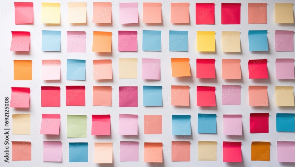 Poster a white surface with a variety of colorful post-it notes scattered across it the notes are of differ