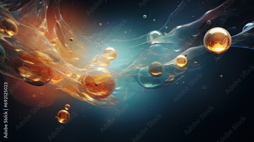Poster a group of bubbles floating in the air next to each other on a blue and black background with bubble