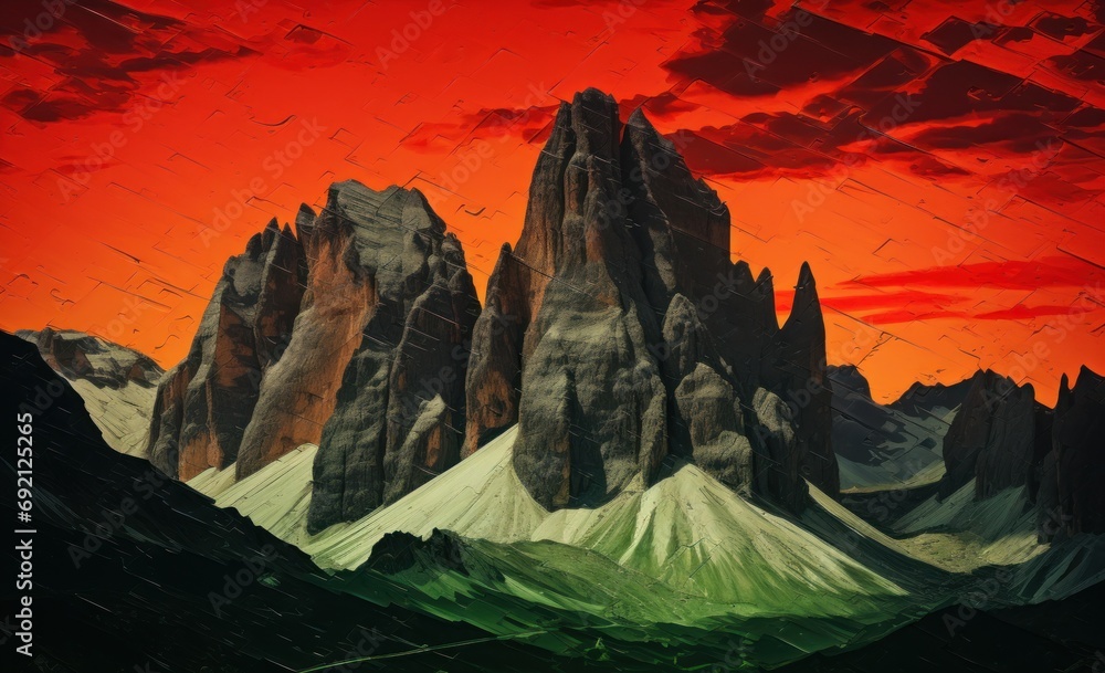 Aufkleber a painting of a mountain range with a red sky in the background and a red sky in the foreground.