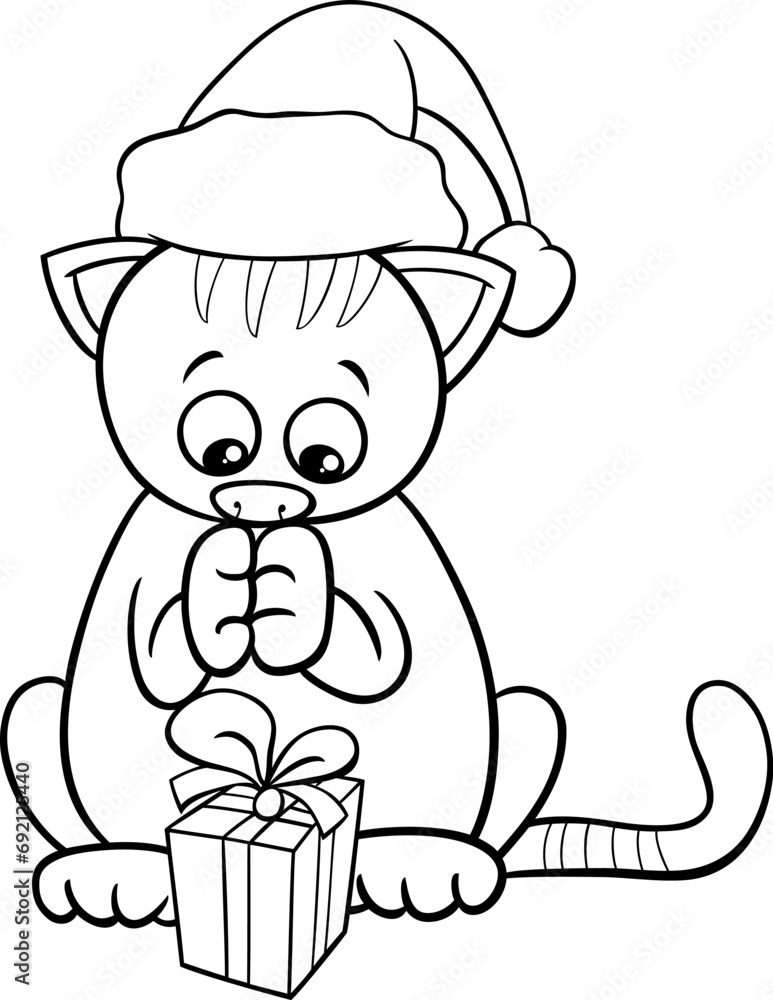 Wall mural cartoon kitten with gift on Christmas time coloring page