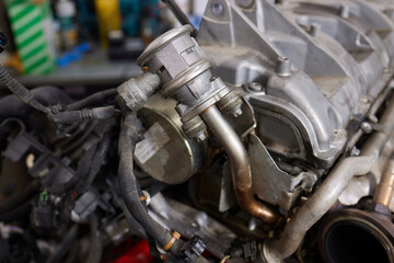 Engine valve car maintenance. The cylinder block of the four-cylinder engine. Disassembled motor...