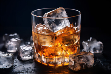 A close-up of a tumbler brimming with ice-cubes and a whisky.