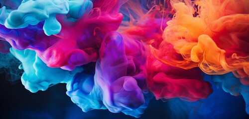 Acrylic ink in vibrant colors floating on water. Background is amorphous. Liquid color explosion, moving cloud. - obrazy, fototapety, plakaty