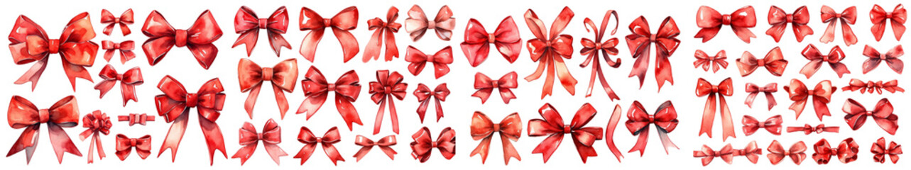 A large collection of watercolor red bows and ribbon. Decorations and watercolor-painted design elements. Large and small festive bright bows. - obrazy, fototapety, plakaty