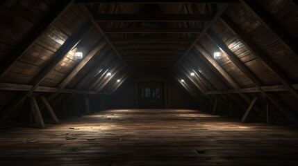 3d rendering of darken empty attic with aged stuff - obrazy, fototapety, plakaty