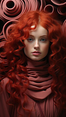 Beautiful model girl with long red curly hair.
