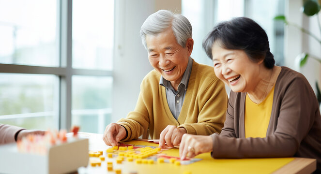 Asian Senior Couple Playing Board Game And Smiling. Lifestyle Concepts About Seniority And Third Age.