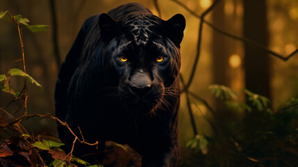 A black panther walking looking at the camera