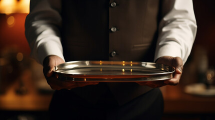 A waiter holds an empty tray in his hand - obrazy, fototapety, plakaty