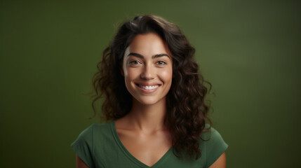 Fototapeta premium A happy smiling woman on a green background