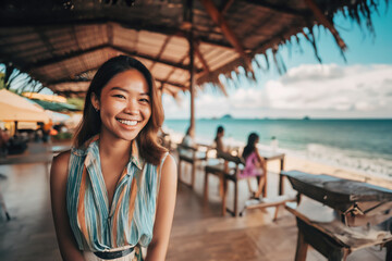 young adult asian woman smiles, thailand or indonesia or philippines - obrazy, fototapety, plakaty