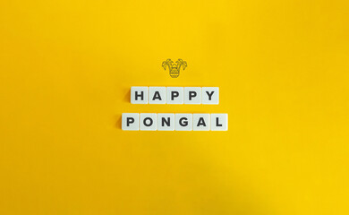 Happy Pongal. Block Letter Tiles and Icon on Yellow Background. Minimalist Aesthetics.
