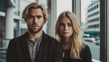 young adult man and woman, couple or friends, fictional problem, sad disappointed and afraid and expression with hopelessness - obrazy, fototapety, plakaty