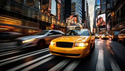Fototapeta na wymiar Bustling downtown new york city street scene with yellow cabs in motion blur 16k super quality