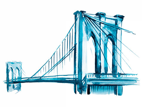 New York City landscape illustration. Watercolor Brooklyn bridge painting.