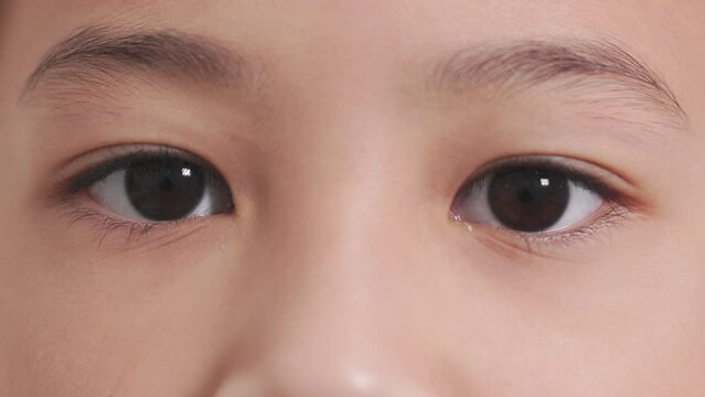 Close-up 4K of adorable Asian girl's eyes with pure irises, revealing a depth of innocence and joy. The child's pupils are perfectly dilated, offering emotional expression for sorrow and concern. 