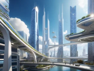 Rolgordijnen a futuristic city escape with towering interconnected sky bridges  © Jahanzaib