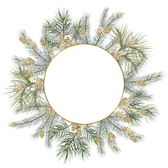 Watercolor illustration Christmas Wreath frame border, Holiday Сard, Winter ClipАrt, Festive Decor, spruce branch, PNG transparent background, interior, decor, invitations, cards, stickers, poster