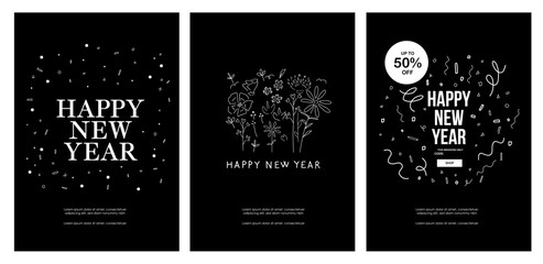 Hand drawn vector illustration of new year digital graphic design and logo icon template - Simple friendly touch - Greeting message for Winter Holiday Season - corporate, family, friends _in Black