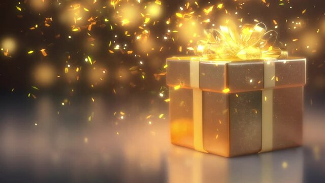 christmas gift box, Christmas gift with shiny lights, Concept merry christmas and happy new year 2024, magic box with golden glow and light inside.Surprise idea,secret gift,or Birthday present, loop,
