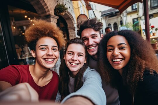 Group of multiracial friends taking selfie picture