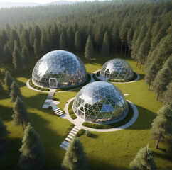 a series of geodesic domes nestled in a forest clearing - obrazy, fototapety, plakaty