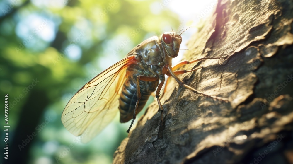 Poster a close up of a fly on a tree trunk with sunlight shining through the leaves and trees in the backgr