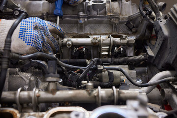 Engine valve car maintenance. The cylinder block of the four-cylinder engine. Disassembled motor...
