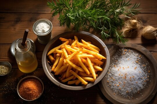  a bowl filled with french fries next to a bowl of seasoning and a jar of garlic on a wooden table.