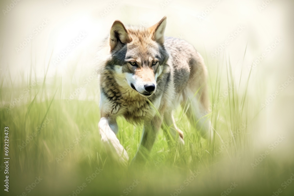 Poster a wolf running through a grassy field with a blurry image of it's face in the foreground.
